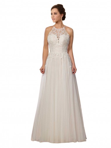 Shop Illusion Halter Lace Boho Wedding Dress with Plunging Sweetheart Bodice Canada