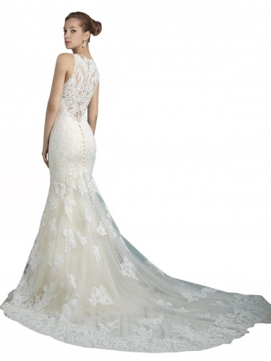 Deep Illusion Neck Mermaid Tulle Beach Wedding Dress with All Over Lace Canada