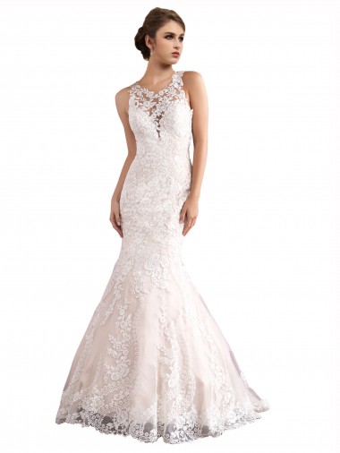 Shop Illusion Neck Fit and Flare Tulle Wedding Dress with All Over Lace Canada
