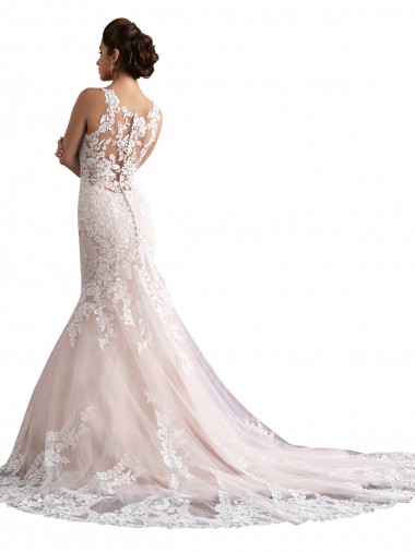 Illusion Neck Fit and Flare Tulle Wedding Dress with All Over Lace Canada