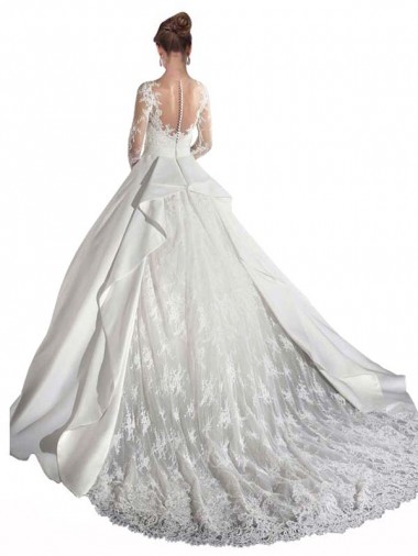 Long Sleeves Illusion Neck A-Line Satin Wedding Dress with Lace Bodice Canada