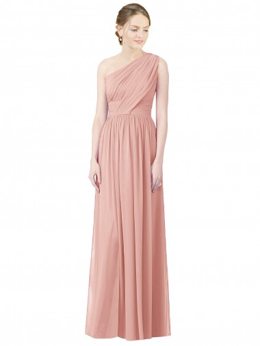 Shop One Shoulder Long Chiffon Bridesmaid Dress with Shirred Waistband Canada