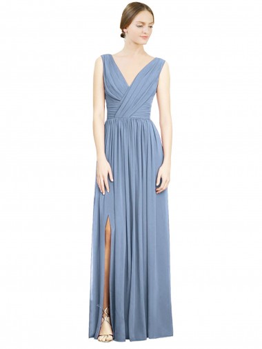 Sleeveless Draped Chiffon Maxi Bridesmaid Dress with Front Slit Canada