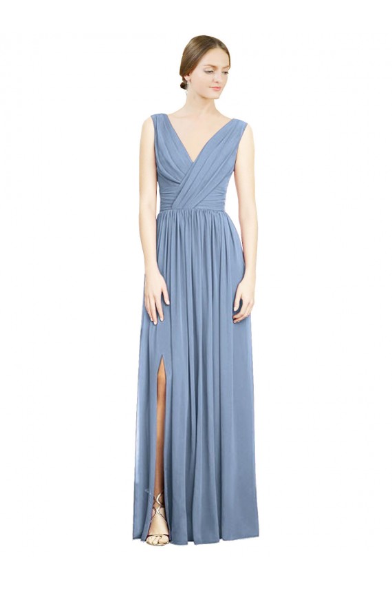 Sleeveless Draped Chiffon Maxi Bridesmaid Dress with Front Slit Canada