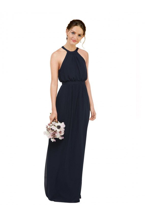 High Halter Neckline Chiffon Bridesmaid Dress with Slim Keyhole Back Canada