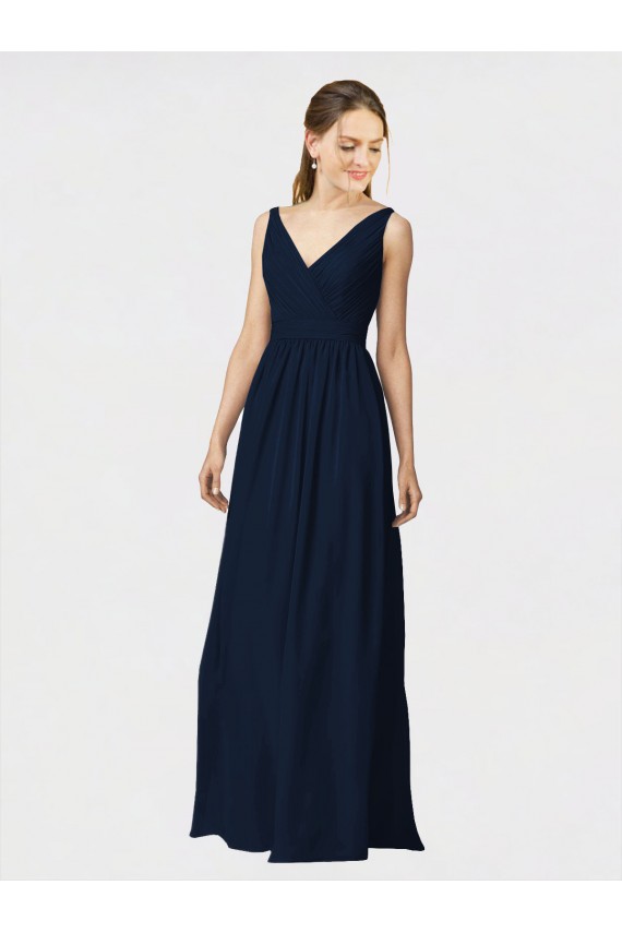 Long Chiffon Bridesmaid Dress with Shirred Bodice and V-Neckline Canada