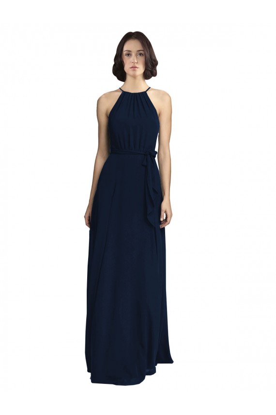 High Neckline Floor Length Chiffon Bridesmaid Dress with Belt Canada