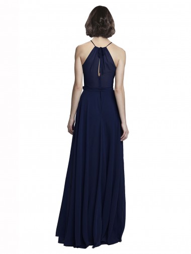 High Neckline Floor Length Chiffon Bridesmaid Dress with Belt Canada