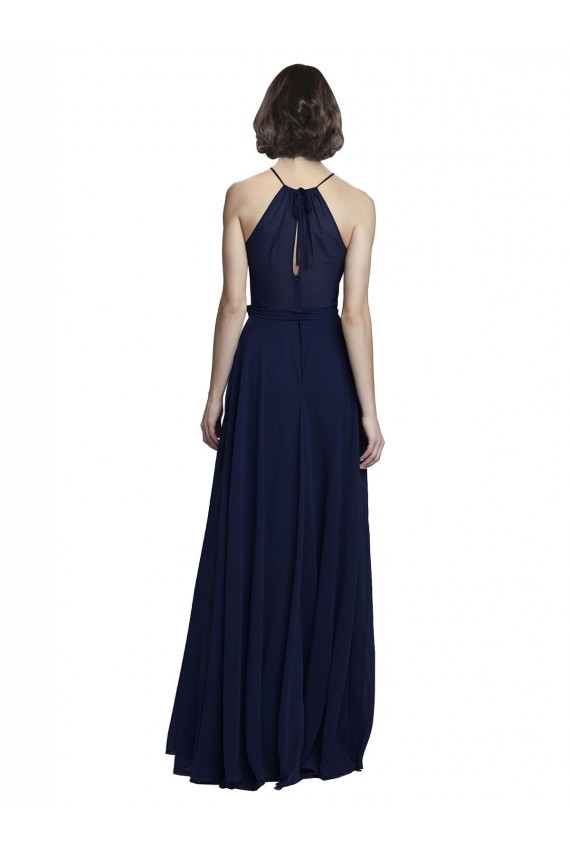 High Neckline Floor Length Chiffon Bridesmaid Dress with Belt Canada