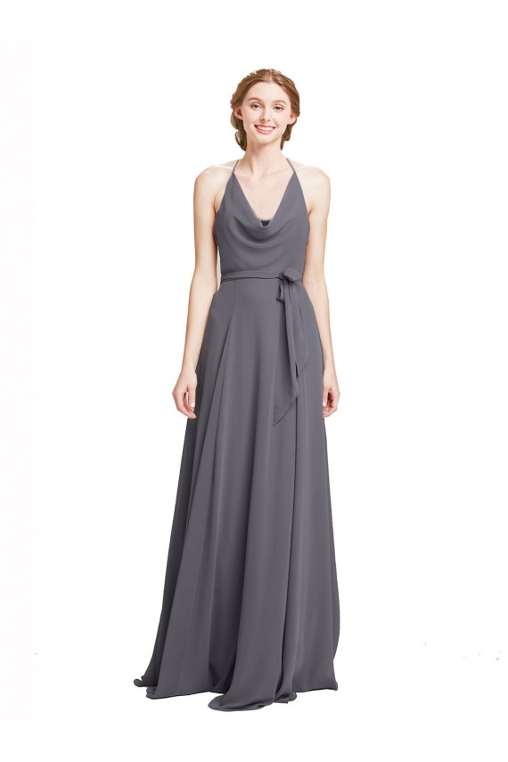 Spaghetti Strap Long Chiffon Bridesmaids Dress with Halter Cowl Neck Canada