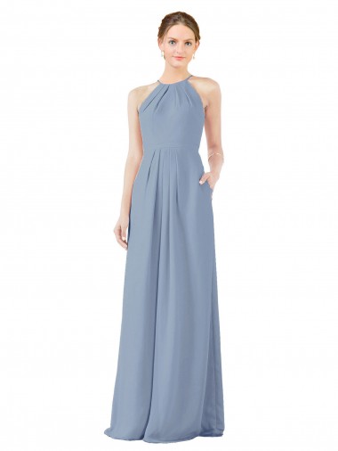 Shop Fitted Long High Halter Neck Chiffon Bridesmaid Dress with Keyhole Back Canada