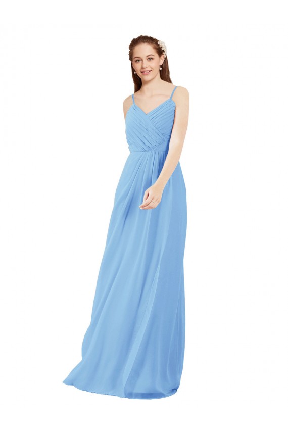 Pleated Low Back Long V-Neck Chiffon Bridesmaid Dress with Thin Straps Canada