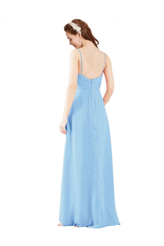 Pleated Low Back Long V-Neck Chiffon Bridesmaid Dress with Thin Straps Canada