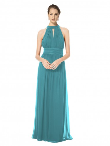 Ruched Long Chiffon Halter Bridesmaid Dress with Tie Back and Tails Canada