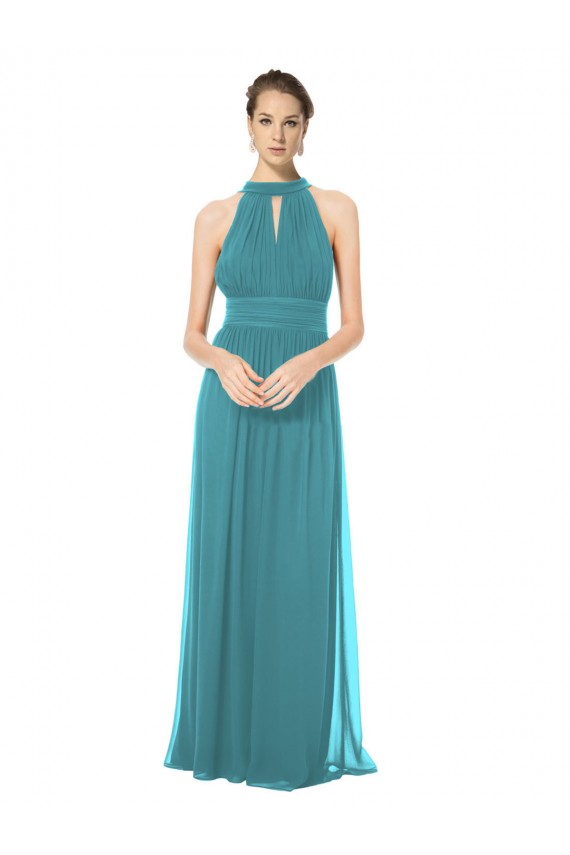 Ruched Long Chiffon Halter Bridesmaid Dress with Tie Back and Tails Canada