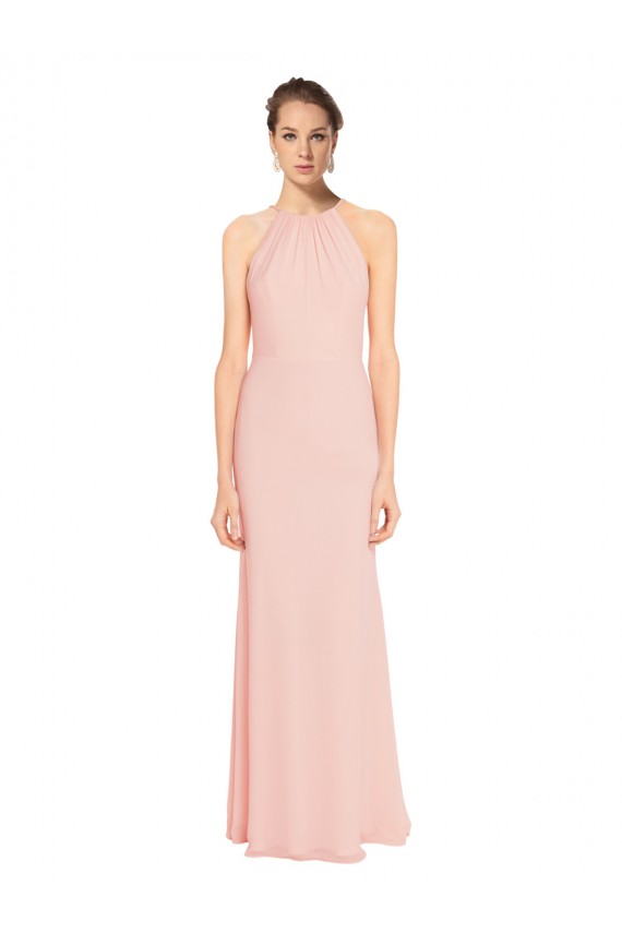High Neck Long Chiffon Halter Bridesmaid Dress with Drape Chiffon Overlay Canada