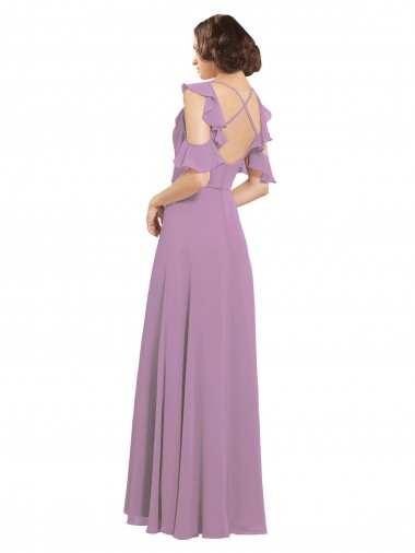 Long Chiffon Bridesmaids Dress with Flounced Sleeve Detail and Criss Cross Back Canada