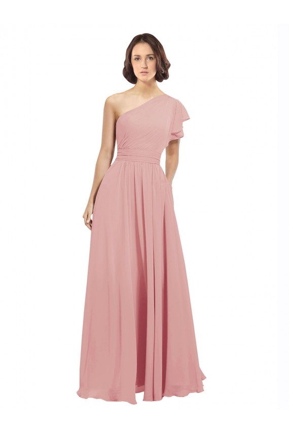 Chiffon Bridesmaids Dress with One Shoulder Flounced Sleeve Canada