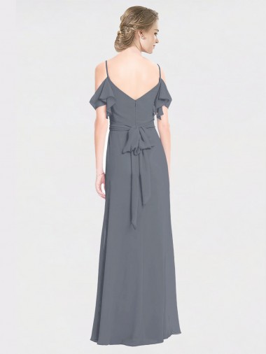 Long Chiffon Spaghetti Strap V-Neck Bridesmaid Dress with Off-The-Shoulder Flutter Sleeves Canada