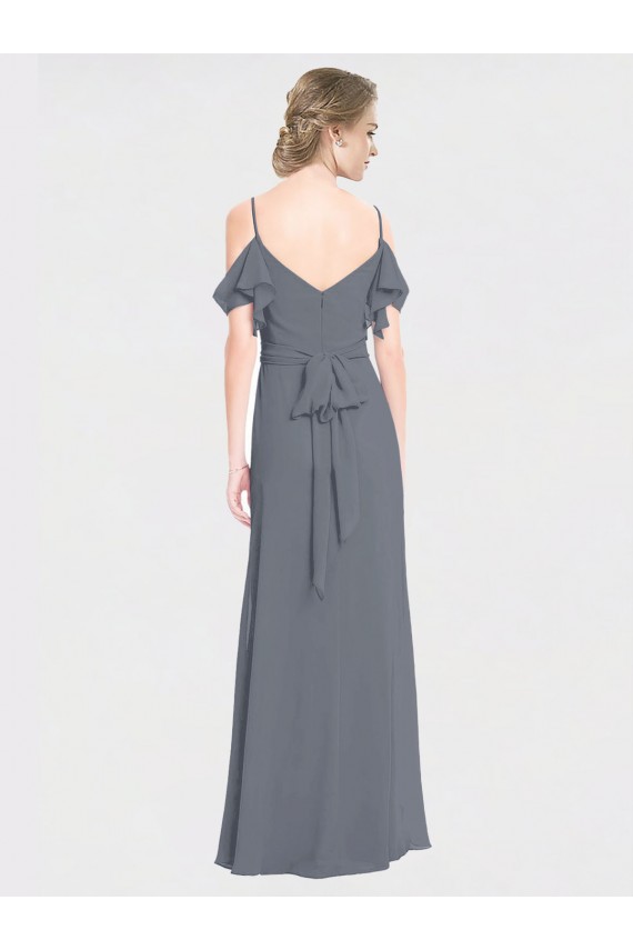 Long Chiffon Spaghetti Strap V-Neck Bridesmaid Dress with Off-The-Shoulder Flutter Sleeves Canada