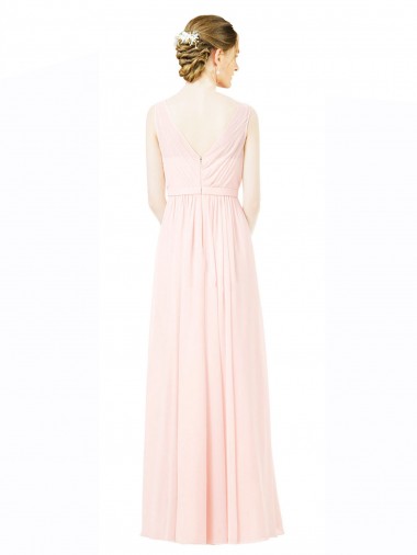 Long Chiffon Sleeveless Bridesmaid Dress with Sheer Illusion Top and V-Back Canada