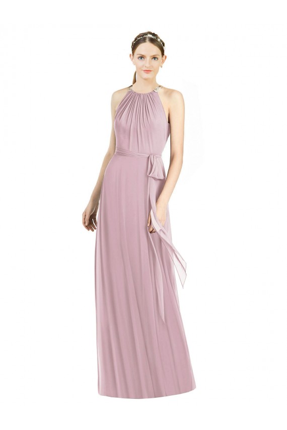 Shirred Halter Neck Long Chiffon Bridesmaid Dress Canada