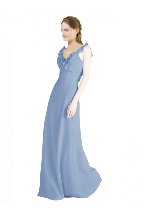 Fluted Chiffon Wrap Bridesmaid Dress with Ruffles V-Neck Canada