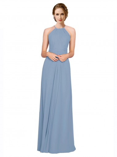 Shop Pleated Halter Neckline A-Line Chiffon Bridesmaid with Criss Cross Back Canada