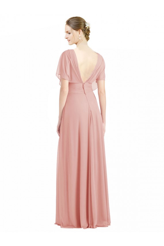 Draped Short Sleeves Long Chiffon A-Line Bridesmaid Dress Canada