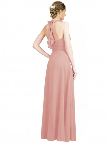 Ruched Sweetheart Halter Neckline Chiffon Bridesmaid Dress with Tie Open Back Canada