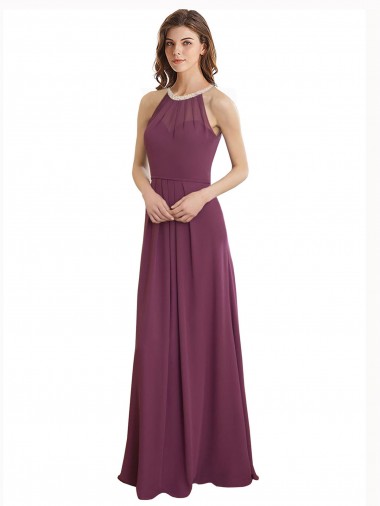 High Neckline Long Chiffon Bridesmaid Dress with Beaded Trim Canada