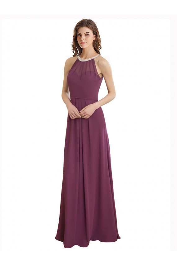 High Neckline Long Chiffon Bridesmaid Dress with Beaded Trim