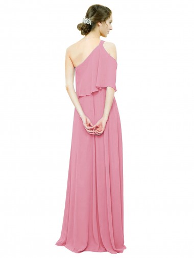 Sleeved One Shoulder Chiffon Bridesmaids Dress with Draped Ruffle Overlay Canada