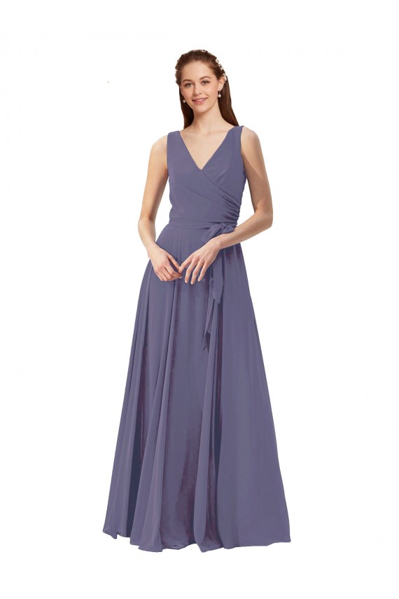 V-Neck Long Draped A-Line Chiffon Bridesmaid Dress