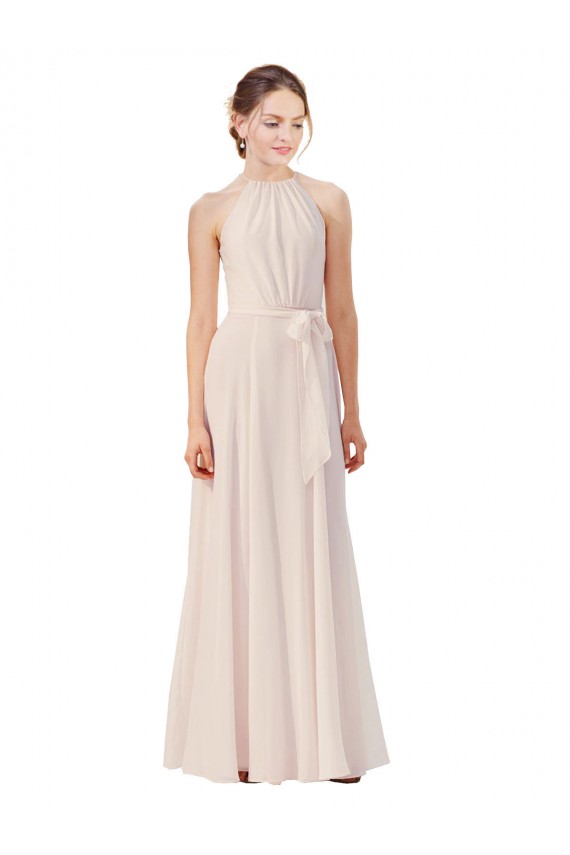 Tie Neck Long Chiffon A-Line Bridesmaid Dress with Sheer Back Canada