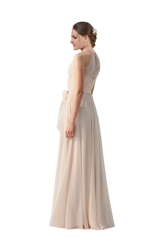 Tie Neck Long Chiffon A-Line Bridesmaid Dress with Sheer Back Canada