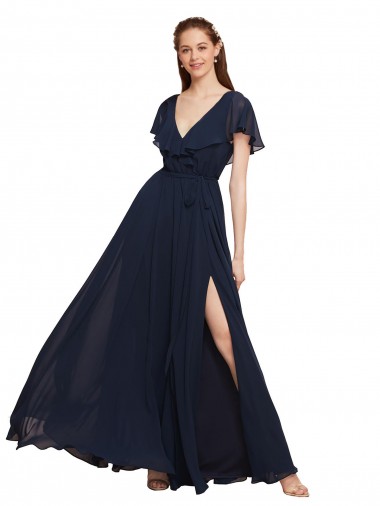 Shop Long V-Neck Chiffon Bridesmaid Dress with Slit and V-Back Canada