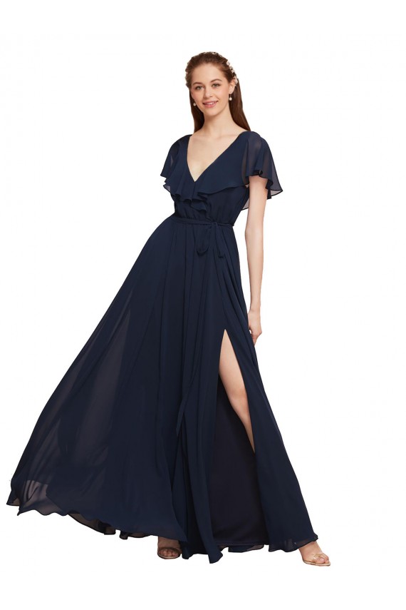 Long V-Neck Chiffon Bridesmaid Dress with Slit and V-Back Canada
