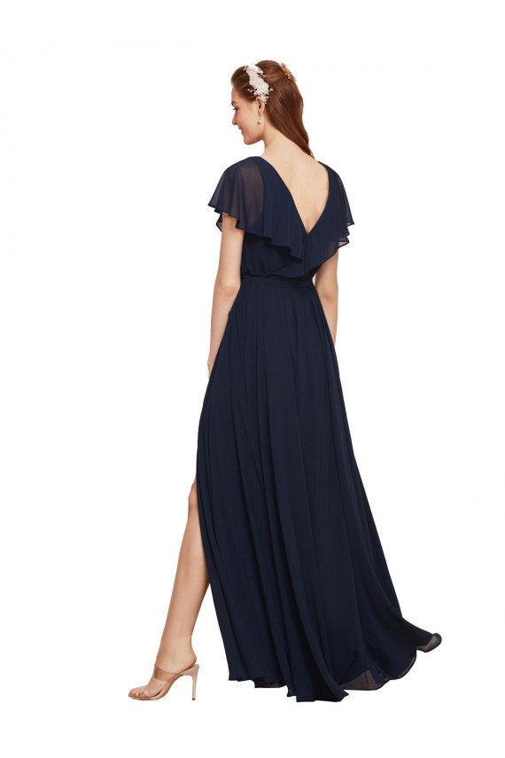 Long V-Neck Chiffon Bridesmaid Dress with Slit and V-Back Canada