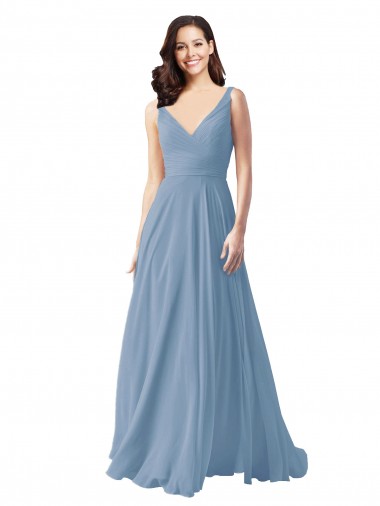 Shop Long Chiffon V-Neck and Self Sash Bridesmaid Dress with Shirred Criss Cross Bodice Canada