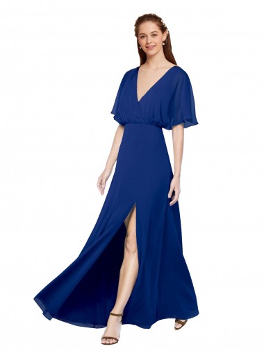 V-Neck Long Chiffon Bridesmaid Dress with Dolman Sleeved Bodice and Slit Canada