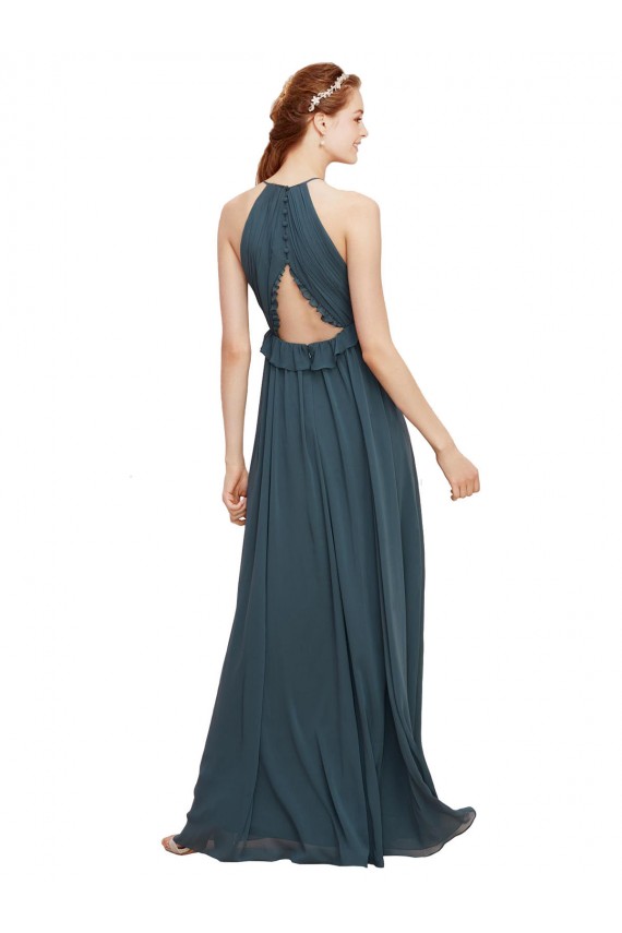 Halter Neck Front Keyhole Chiffon Bridesmaid Dress with Shirred Waist Canada