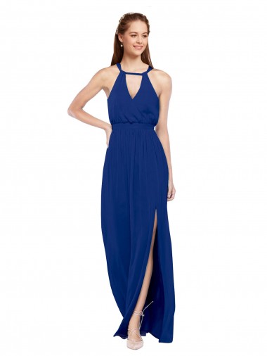 High Keyhole Neck Long Chiffon Bridesmaid Dress with Slit Canada
