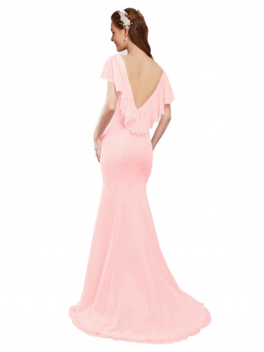 Fit and Flare Chiffon Bridesmaid Dress with V-Neck and Flutter Sleeves Canada