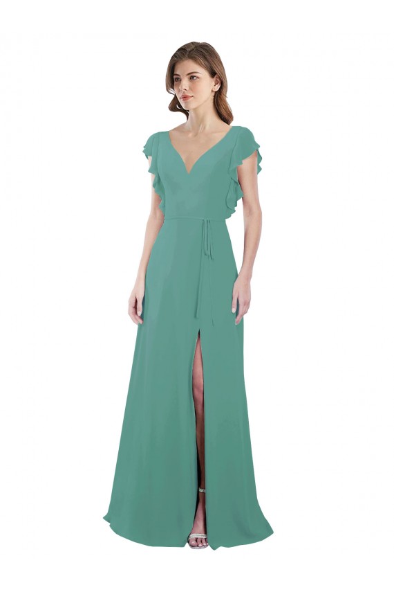 Full Length Chiffon Bridesmaid Dress with Ruffled Cap Sleeves and Side Slit Canada