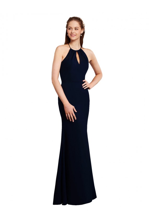 Fluted Long Chiffon Bridesmaid Dress with Halter Neckline and Keyhole Canada