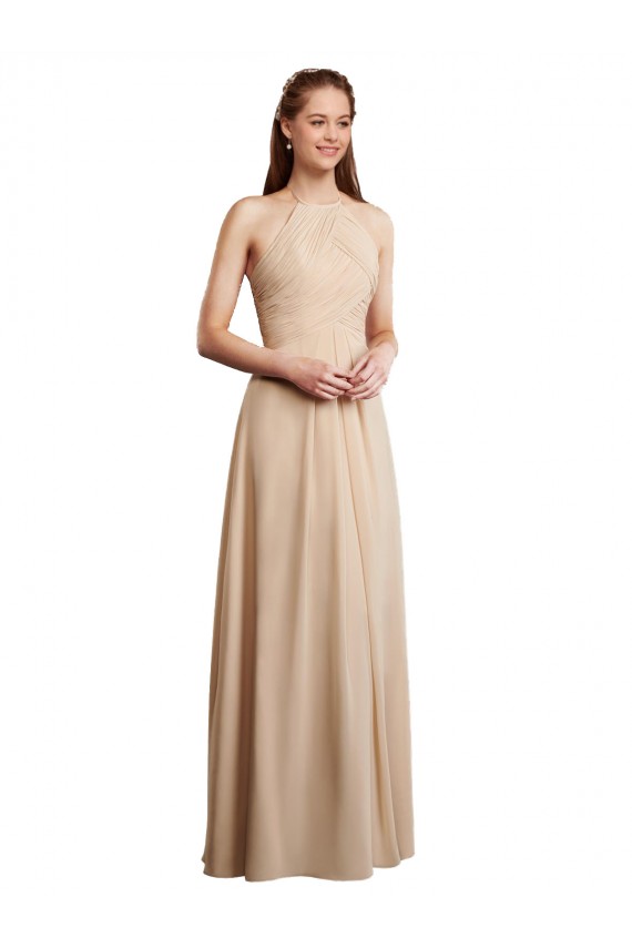 Draped Halter Neck Long Chiffon Bridesmaid Dress with Tie Back Canada