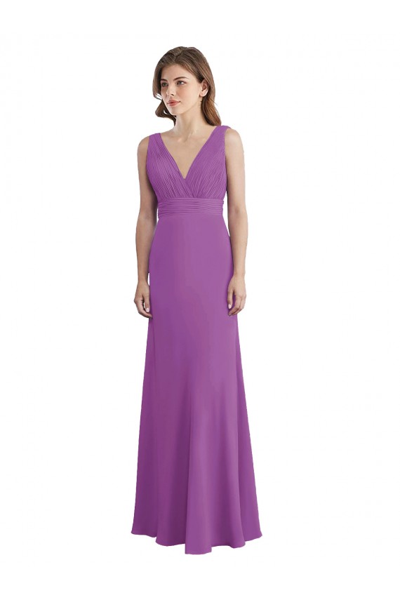 V-Shaped Neckline Long Chiffon Bridesmaid Dress with Cascading Ruffles Back Canada