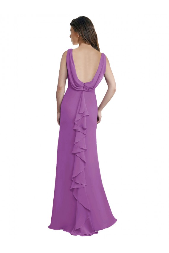 V-Shaped Neckline Long Chiffon Bridesmaid Dress with Cascading Ruffles Back Canada