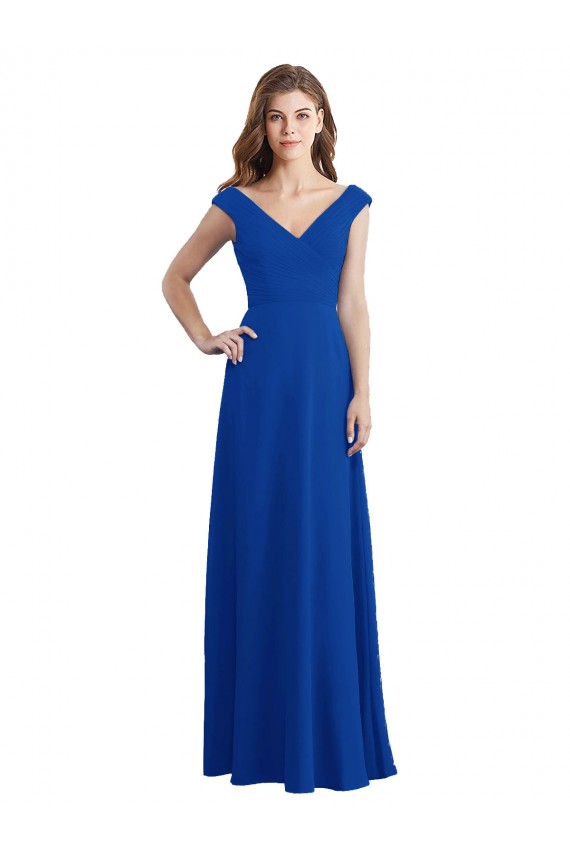 Draped Shoulder V-Neck Long Chiffon Bridesmaid Dress